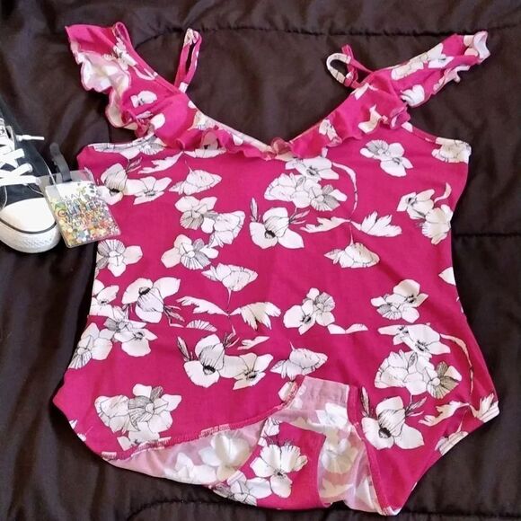 Heart Soul Pink White Floral Ruffled Cold Shoulder Surplice Bodysuit XL - Picture 9 of 14